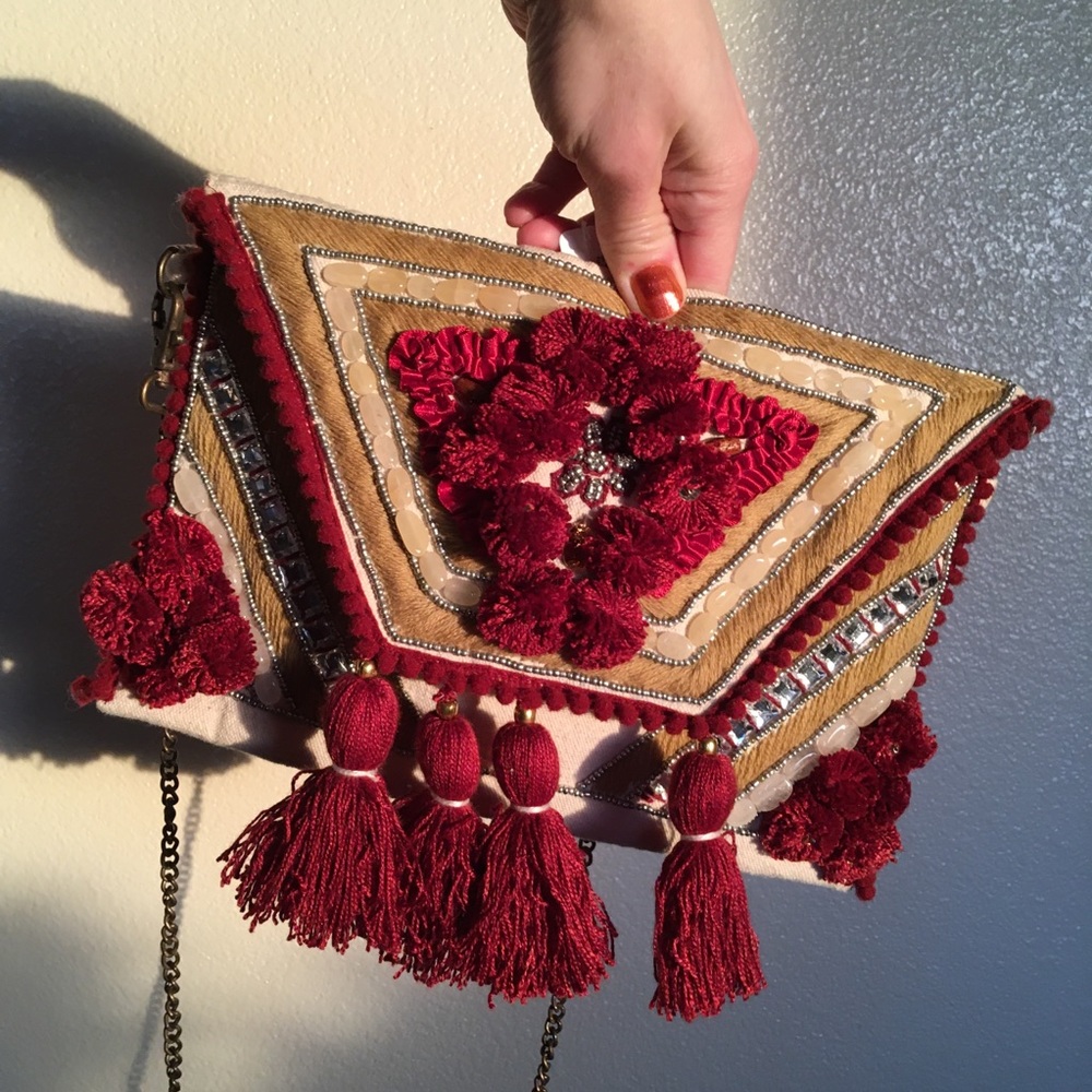 Anton Kraft Cream Burgundy Boho Embellished Beaded Purse with Metal Chain Strap